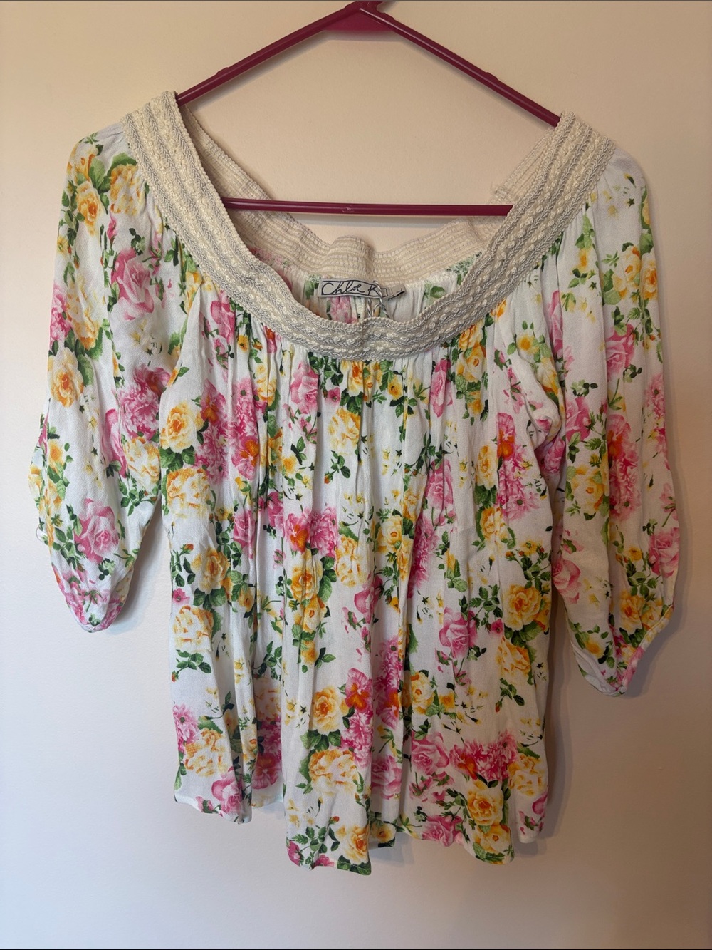 Chloe K White Off-Shoulder Floral Top with Pink & Yellow Roses